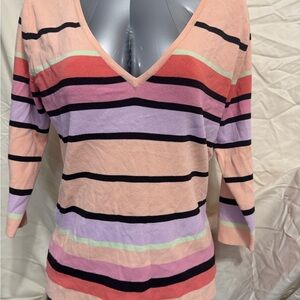 New York & Company Stripe Knit Top 3/4 Sleeves Size L, V Neck.